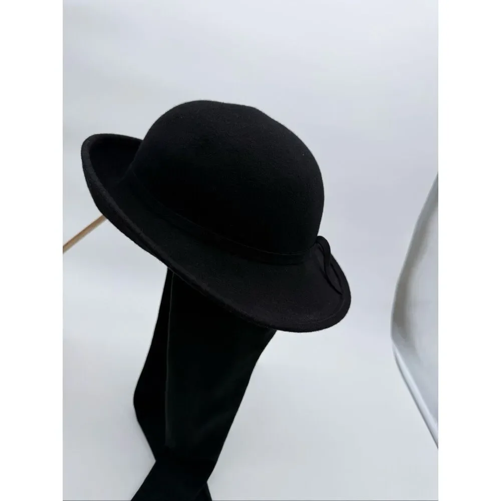 Vintage Black Wool Cloche Hat w/ Back Ribbon Ties | 1990s Y2K Women’s Felt Hat - Picture 6 of 11